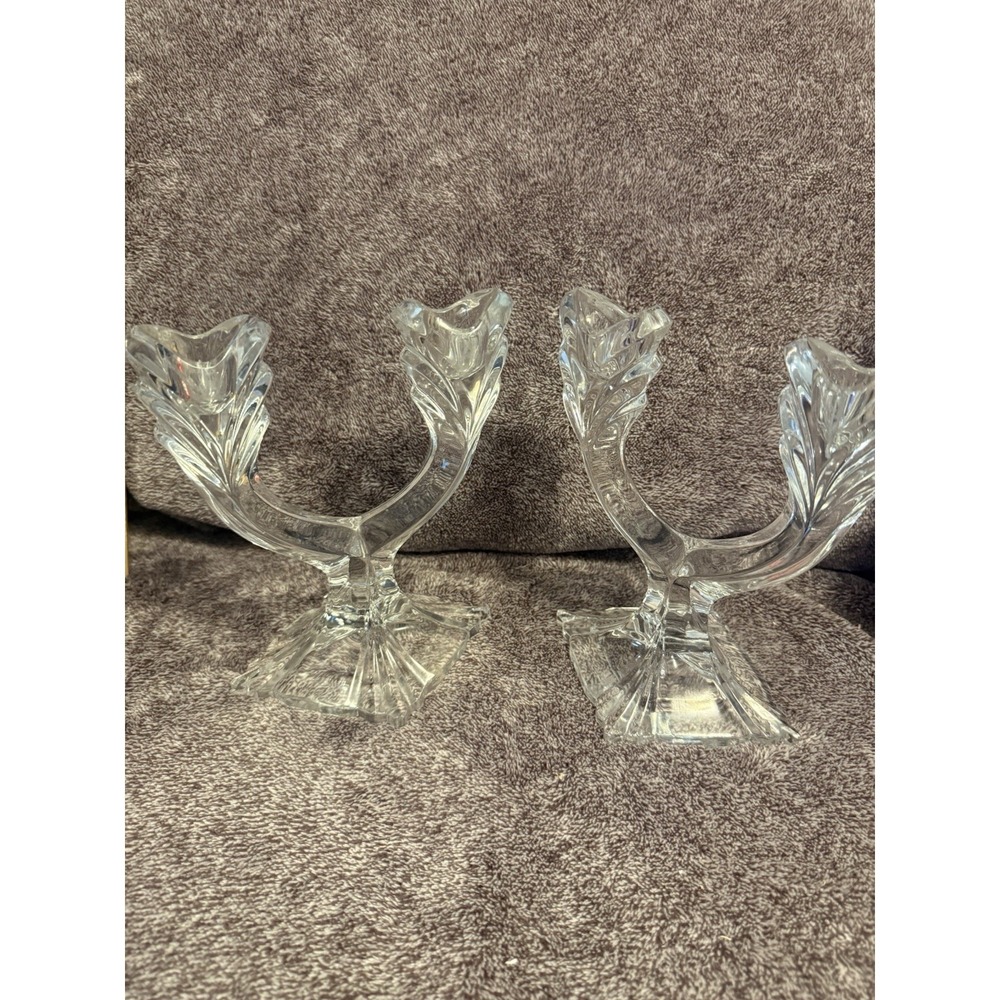 2 Vintage Clear Crystal Double Candle Holders honour Slovakia 7" Tall